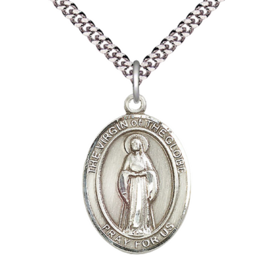 1 x 3/4" Oval Pewter Virgin of the Globe Medal Pendant on 24 Inch Rhodium Plated Heavy Curb Brass Chain with Lobster Claw clasp, Catholic Religious Necklace - Made in USA - Deluxe Velvet Gift Box