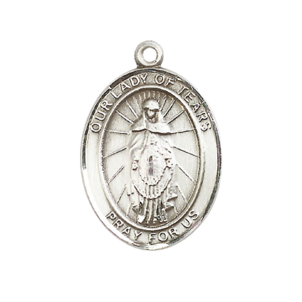 Women's Pewter Our Lady of Tears Medal Pendant on 18 Inch Rhodium Plated Lite Curb Brass Chain with Lobster Claw Clasp, Catholic Religious Necklace - Made in USA- Deluxe Velvet Gift Box