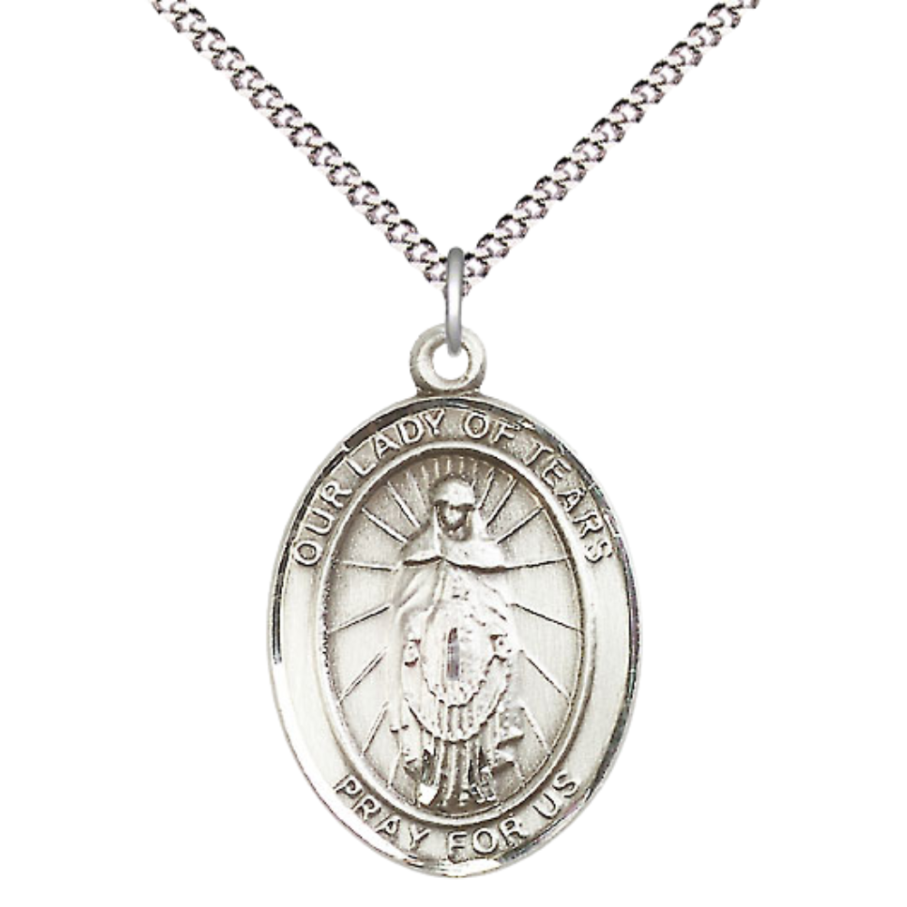 Women's .925 Sterling Silver Our Lady of Tears Medal Pendant on 18 Inch Rhodium Plated Lite Curb Brass Chain with Lobster Claw Clasp, Catholic Religious Necklace - Made in USA- Deluxe Velvet Gift Box
