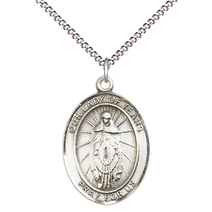 Women's .925 Sterling Silver Our Lady of Tears Medal Pendant on 18 Inch Rhodium Plated Lite Curb Brass Chain with Lobster Claw Clasp, Catholic Religious Necklace - Made in USA- Deluxe Velvet Gift Box