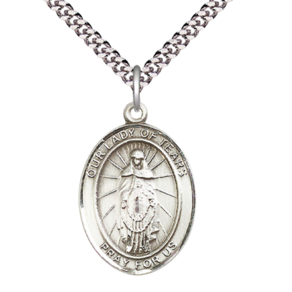 1 x 3/4" Oval Pewter Our Lady of Tears Medal Pendant on 24" Rhodium Plated Heavy Curb Brass Chain with Lobster Claw clasp, Catholic Religious Necklace -Made in USA- Deluxe Velvet Gift Box