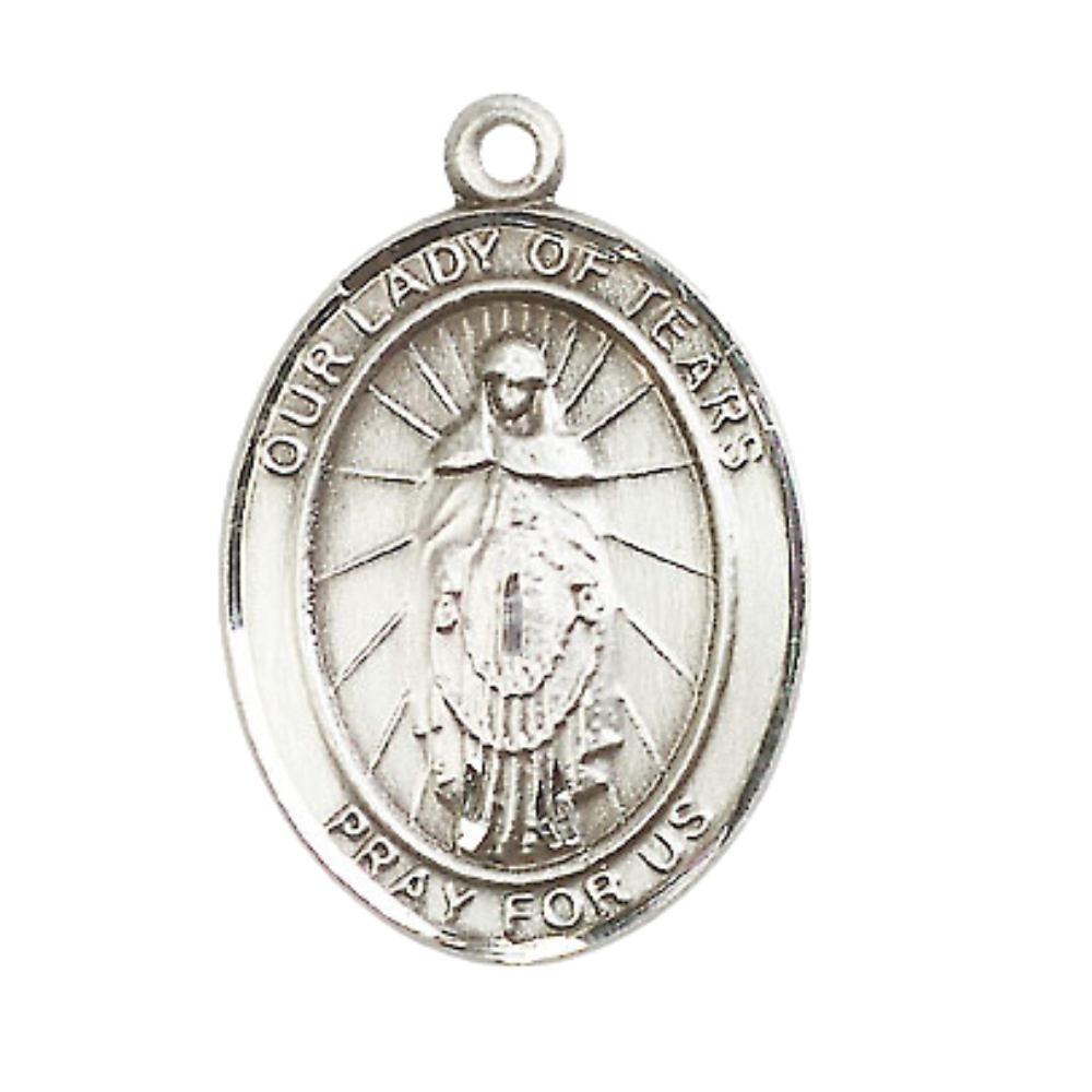 Our Lady of Tears Medal Necklace– Men's .925 Sterling Silver Pendant with 24- Inch Light Rhodium Plated Heavy Curb Chain, Catholic Medal – Velvet Gift Box Included