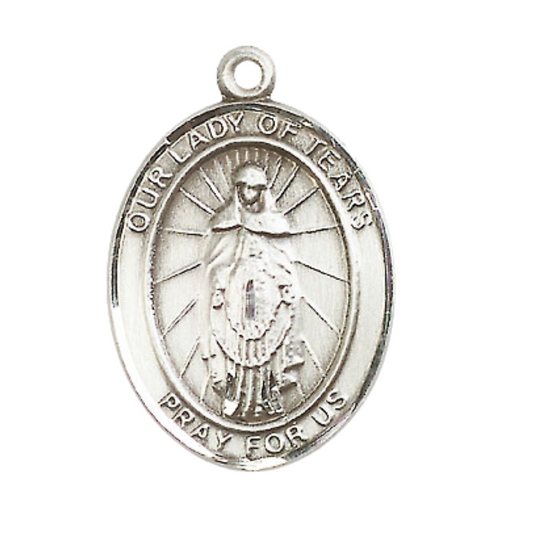 .925 Sterling Silver Our Lady of Tears Medal Pendant on 24 Inch Rhodium Plated Heavy Curb Brass Chain with Lobster Claw clasp, Catholic Religious Necklace - Made in USA- Deluxe Velvet Gift Box