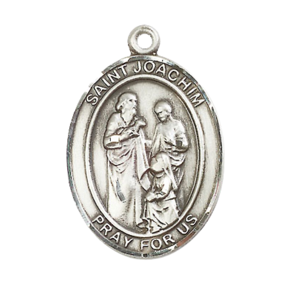 1 x 3/4" Oval Pewter Saint St. Joachim Medal Pendant on 24 inch Rhodium Plated Heavy Curb Brass Chain with Lobster Claw clasp, Catholic Religious Necklace - Made in USA- Deluxe Velvet Gift Box