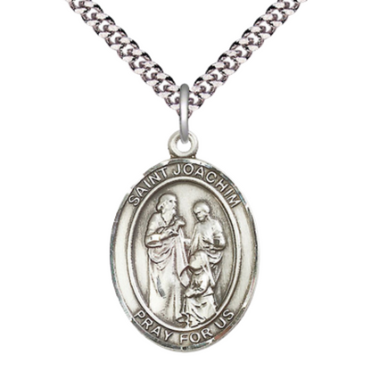 1 x 3/4" Oval Pewter Saint St. Joachim Medal Pendant on 24 inch Rhodium Plated Heavy Curb Brass Chain with Lobster Claw clasp, Catholic Religious Necklace - Made in USA- Deluxe Velvet Gift Box