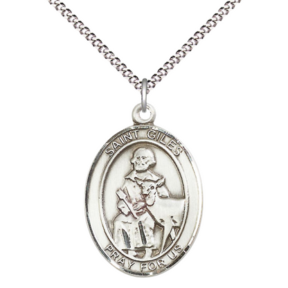 Women's .925 Sterling Silver Saint St. Giles Medal Pendant on 18 Inch Rhodium Plated Lite Curb Brass Chain with Lobster Claw Clasp, Catholic Religious Necklace - Made in USA- Deluxe Velvet Gift Box