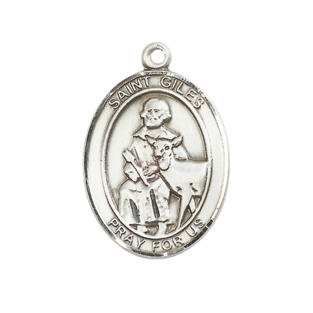 Women's Pewter Saint St. Giles Medal Pendant on 18 Inch Rhodium Plated Lite Curb Brass Chain with Lobster Claw Clasp, Catholic Religious Necklace - Made in USA- Deluxe Velvet Gift Box