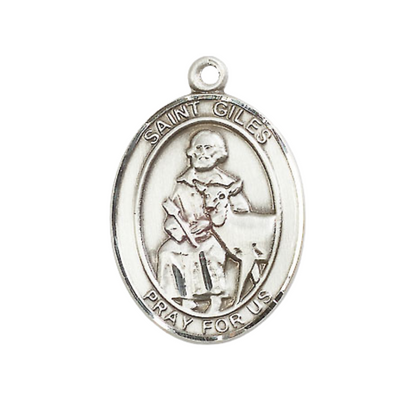 Women's Pewter Saint St. Giles Medal Pendant on 18 Inch Rhodium Plated Lite Curb Brass Chain with Lobster Claw Clasp, Catholic Religious Necklace - Made in USA- Deluxe Velvet Gift Box