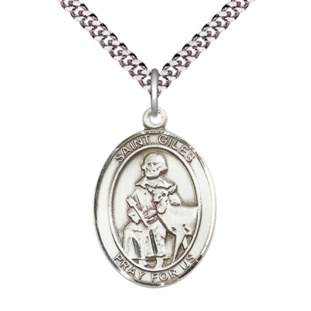 Saint St. Giles Medal Necklace– Men's Pewter Pendant with 24- Inch Light Rhodium Plated Chain – Patron Saint St. of Cancer Patients, Catholic Medal – Velvet Gift Box Included
