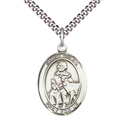 Saint St. Giles Medal Necklace– Men's Pewter Pendant with 24- Inch Light Rhodium Plated Chain – Patron Saint St. of Cancer Patients, Catholic Medal – Velvet Gift Box Included