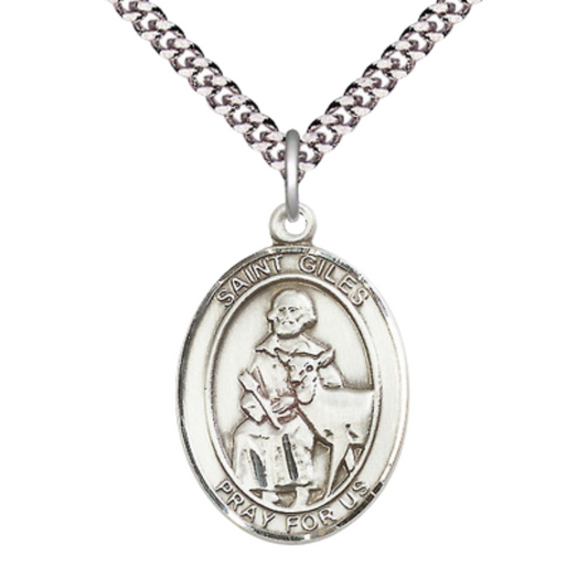 Saint St. Giles Medal Necklace– Men's Pewter Pendant with 24- Inch Light Rhodium Plated Chain – Patron Saint St. of Cancer Patients, Catholic Medal – Velvet Gift Box Included