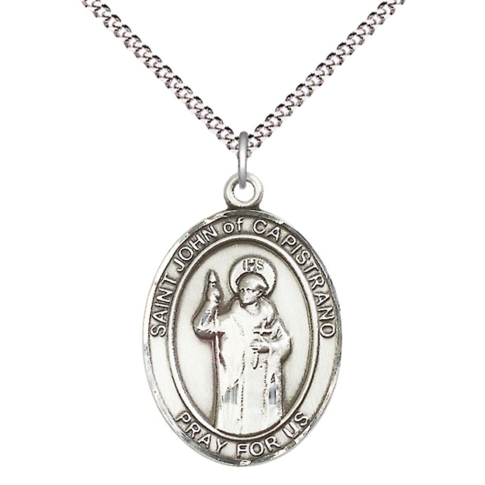 Women's Pewter Saint St. John of Capistrano Medal Pendant on 18 Inch Rhodium Plated Lite Curb Brass Chain with Lobster Claw Clasp, Catholic Religious Necklace - Made in USA- Deluxe Velvet Gift Box