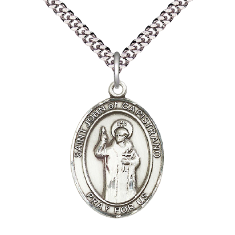 Saint John of Capistrano Medal Necklace– Men's Sterling Silver Pendant with 24-Inch Light Rhodium Plated Heavy Curb Chain – Patron Saint of Judges & Military Chaplains – Velvet Gift Box Included
