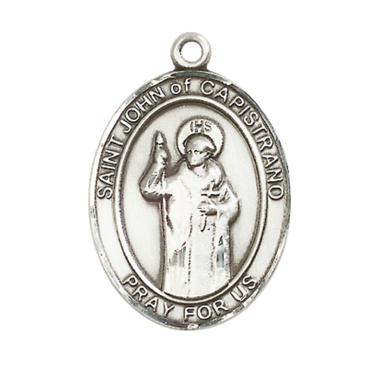 .925 Sterling Silver Saint St. John of Capistrano Medal Pendant on 24 Inch Rhodium Plated Heavy Curb Brass Chain with Lobster Claw clasp, Catholic Religious Necklace - Made in USA- Deluxe Velvet Gift Box