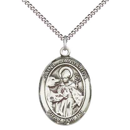 Women's Pewter Saint St. Januarius Medal Pendant on 18 Inch Rhodium Plated Lite Curb Brass Chain with Lobster Claw Clasp, Catholic Religious Necklace - Made in USA- Deluxe Velvet Gift Box