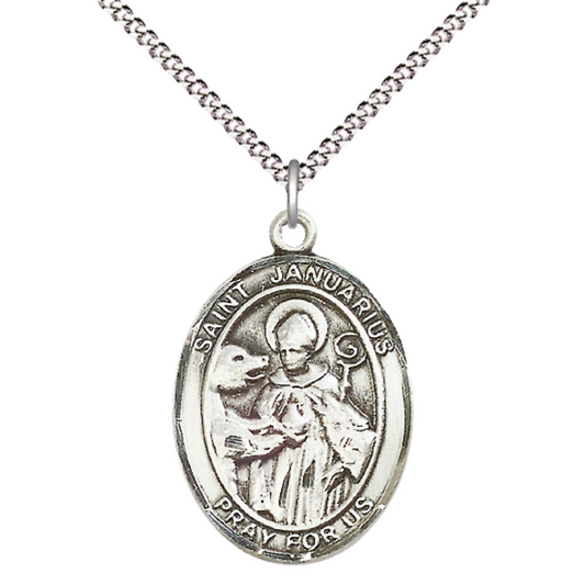 Women's .925 Sterling Silver Saint St. Januarius Medal Pendant on 18 Inch Rhodium Plated Lite Curb Brass Chain with Lobster Claw Clasp, Catholic Religious Necklace - Made in USA- Deluxe Velvet Gift Box