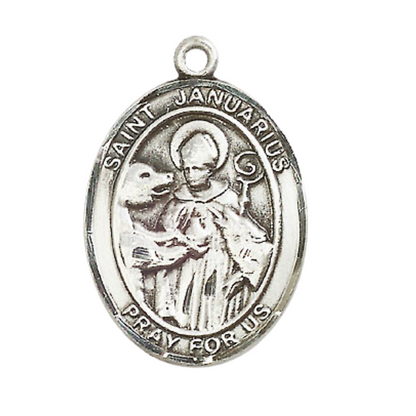 1 x 3/4" Oval Pewter Saint St. Januarius Medal Pendant on 24 inch Rhodium Plated Heavy Curb Brass Chain with Lobster Claw clasp, Catholic Religious Necklace - Made in USA- Deluxe Velvet Gift Box