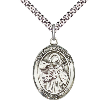 1 x 3/4" Oval Pewter Saint St. Januarius Medal Pendant on 24 inch Rhodium Plated Heavy Curb Brass Chain with Lobster Claw clasp, Catholic Religious Necklace - Made in USA- Deluxe Velvet Gift Box