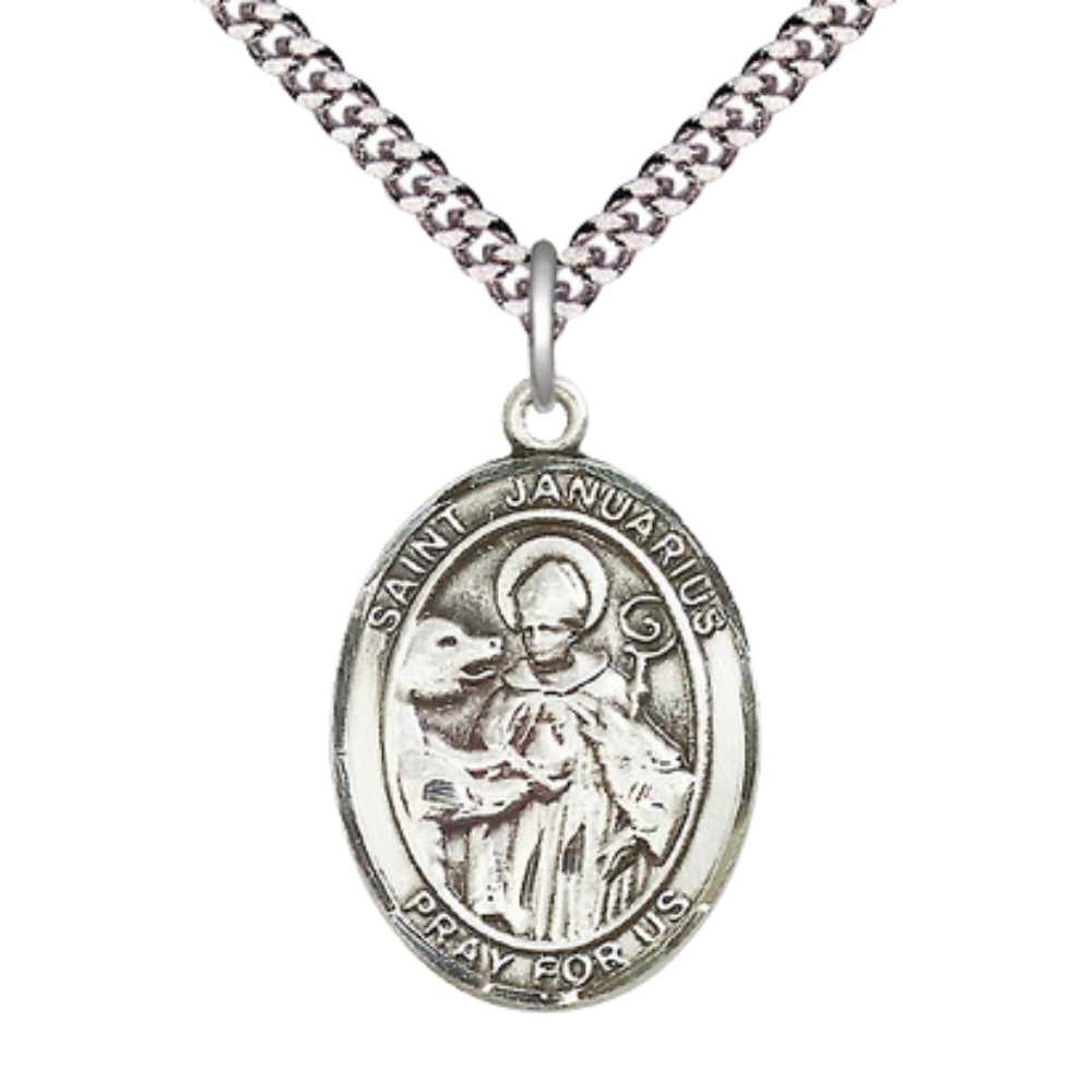 Saint St. Januarius Medal Necklace– Men's .925 Sterling Silver Pendant with 24- Inch Light Rhodium Plated Heavy Curb Chain – Patron Saint St. of Blood Banks, Catholic Medal – Velvet Gift Box Included
