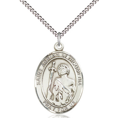 Women's Pewter Saint St. Adrian of Nicomedia Medal Pendant on 18 Inch Rhodium Plated Lite Curb Brass Chain with Lobster Claw Clasp, Catholic Religious Necklace - Made in USA- Deluxe Velvet Gift Box