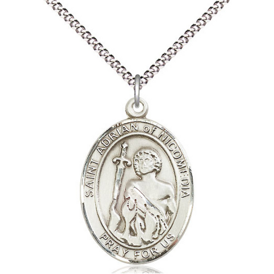 Women's .925 Sterling Silver Saint St. Adrian of Nicomedia Medal Pendant on 18 Inch Rhodium Plated Lite Curb Brass Chain w/ Lobster Claw Clasp, Catholic Religious Necklace - Made in USA- Velvet Gift Box