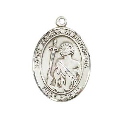 Women's Pewter Saint St. Adrian of Nicomedia Medal Pendant on 18 Inch Rhodium Plated Lite Curb Brass Chain with Lobster Claw Clasp, Catholic Religious Necklace - Made in USA- Deluxe Velvet Gift Box