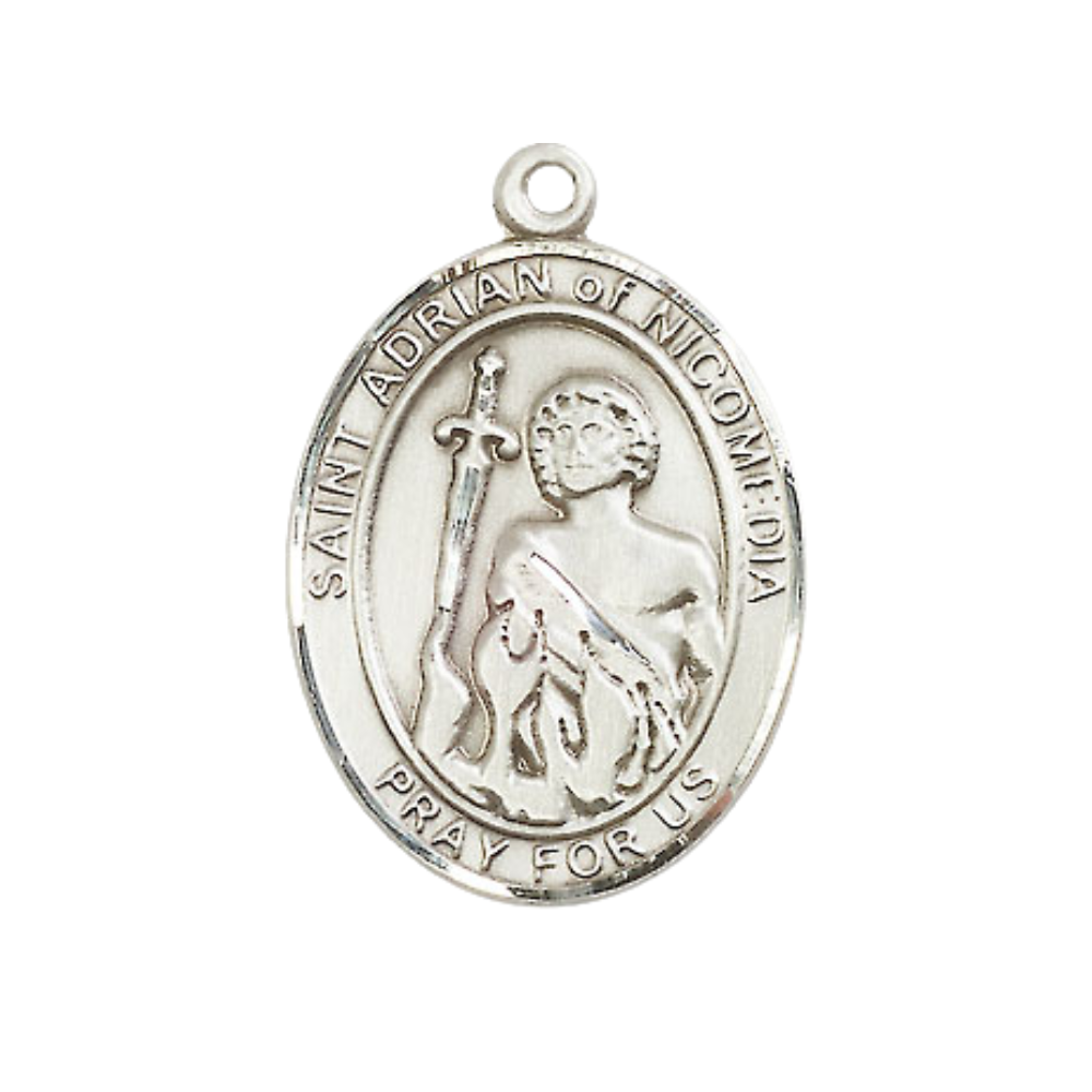 Women's .925 Sterling Silver Saint St. Adrian of Nicomedia Medal Pendant on 18 Inch Rhodium Plated Lite Curb Brass Chain w/ Lobster Claw Clasp, Catholic Religious Necklace - Made in USA- Velvet Gift Box