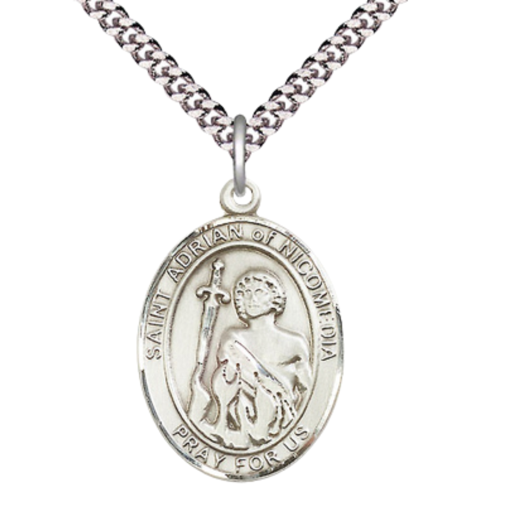 Saint St. Adrian of Nicomedia Medal Necklace– Men's Pewter Pendant with 24- Inch Light Rhodium Plated Chain – Patron Saint St. of Prison Guards & Soldiers, Catholic Medal – Velvet Gift Box Included