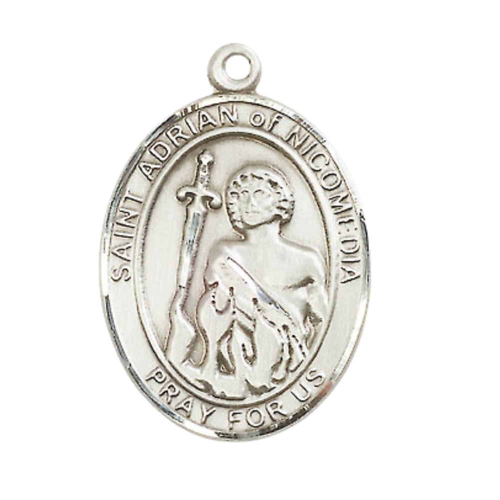 Saint St. Adrian of Nicomedia Medal Necklace– Men's Pewter Pendant with 24- Inch Light Rhodium Plated Chain – Patron Saint St. of Prison Guards & Soldiers, Catholic Medal – Velvet Gift Box Included