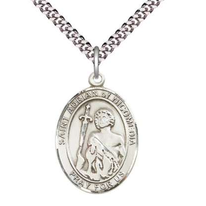 Oval Pewter Saint St. Adrian of Nicomedia Medal Pendant on 24 inch Rhodium Plated Heavy Curb Brass Chain with Lobster Claw clasp, Catholic Religious Necklace - Made in USA- Deluxe Velvet Gift Box