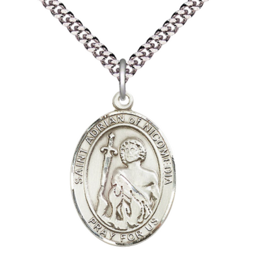 Oval Pewter Saint St. Adrian of Nicomedia Medal Pendant on 24 inch Rhodium Plated Heavy Curb Brass Chain with Lobster Claw clasp, Catholic Religious Necklace - Made in USA- Deluxe Velvet Gift Box