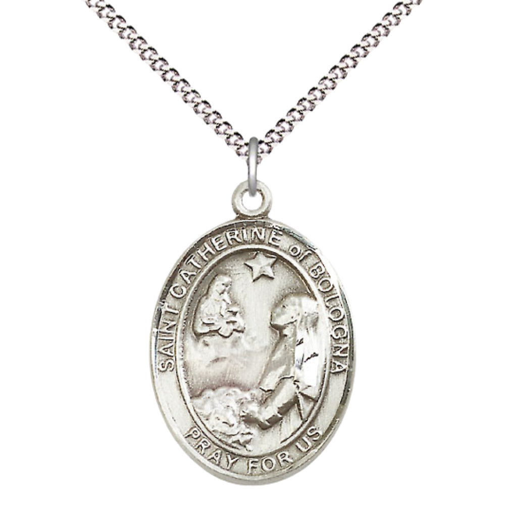 Women's Pewter Saint St. Catherine of Bologna Medal Pendant on 18 Inch Rhodium Plated Lite Curb Brass Chain with Lobster Claw Clasp, Catholic Religious Necklace - Made in USA- Deluxe Velvet Gift Box