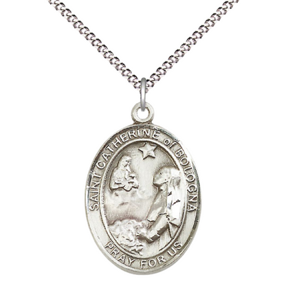 Women's Pewter Saint St. Catherine of Bologna Medal Pendant on 18 Inch Rhodium Plated Lite Curb Brass Chain with Lobster Claw Clasp, Catholic Religious Necklace - Made in USA- Deluxe Velvet Gift Box