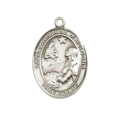 Women's Pewter Saint St. Catherine of Bologna Medal Pendant on 18 Inch Rhodium Plated Lite Curb Brass Chain with Lobster Claw Clasp, Catholic Religious Necklace - Made in USA- Deluxe Velvet Gift Box
