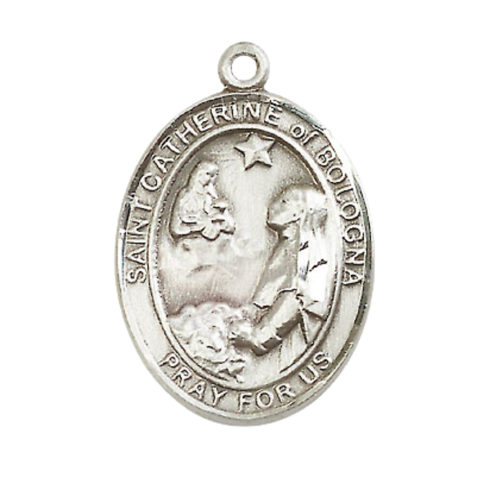 Oval Pewter Saint St. Catherine of Bologna Medal Pendant on 24 Inch Rhodium Plated Heavy Curb Brass Chain with Lobster Claw clasp, Catholic Religious Necklace - Made in USA- Deluxe Velvet Gift Box