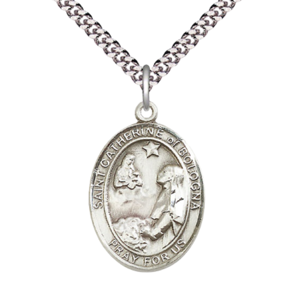 Oval Pewter Saint St. Catherine of Bologna Medal Pendant on 24 Inch Rhodium Plated Heavy Curb Brass Chain with Lobster Claw clasp, Catholic Religious Necklace - Made in USA- Deluxe Velvet Gift Box