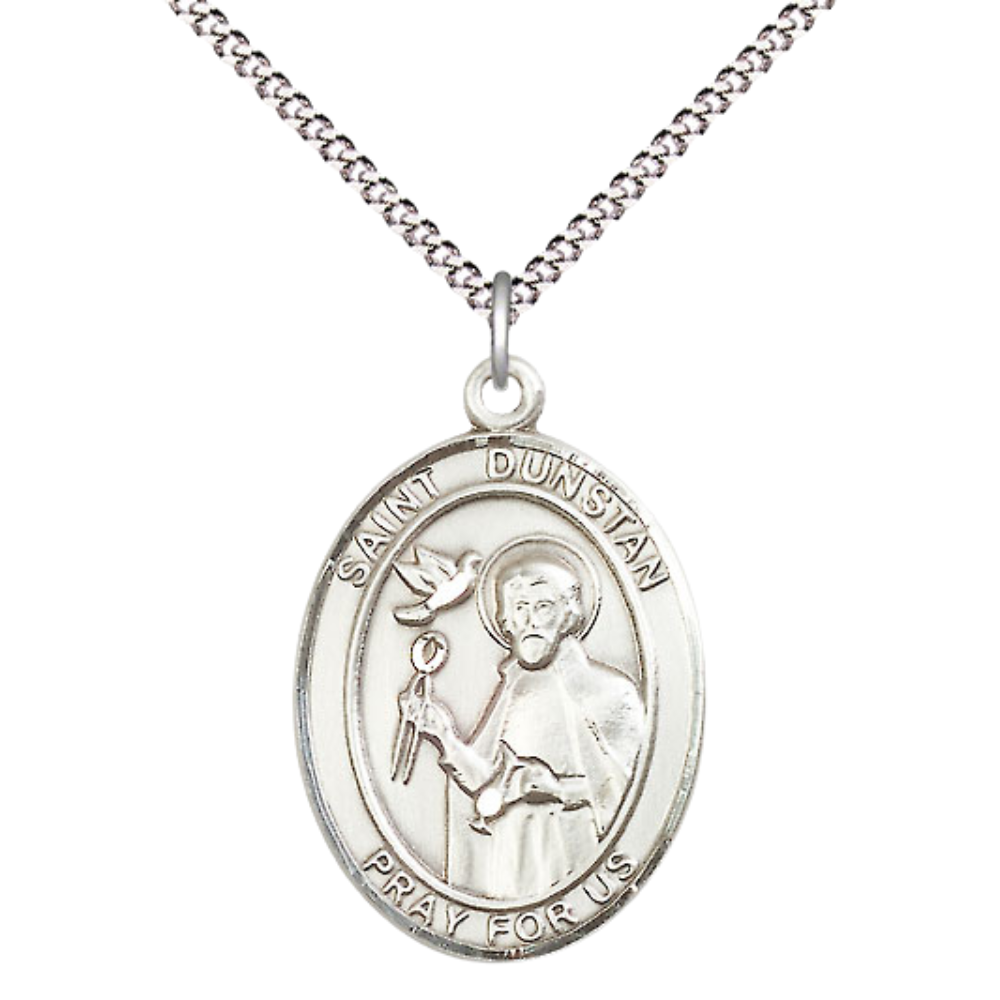 Women's .925 Sterling Silver Saint St. Dunstan Medal Pendant on 18 Inch Rhodium Plated Lite Curb Brass Chain with Lobster Claw Clasp, Catholic Religious Necklace - Made in USA- Deluxe Velvet Gift Box