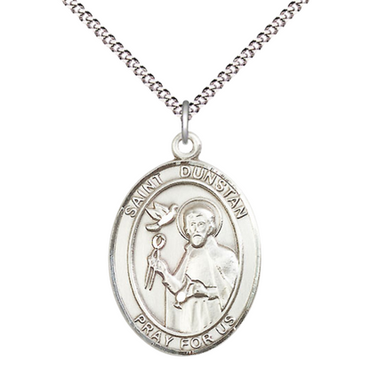 Women's .925 Sterling Silver Saint St. Dunstan Medal Pendant on 18 Inch Rhodium Plated Lite Curb Brass Chain with Lobster Claw Clasp, Catholic Religious Necklace - Made in USA- Deluxe Velvet Gift Box