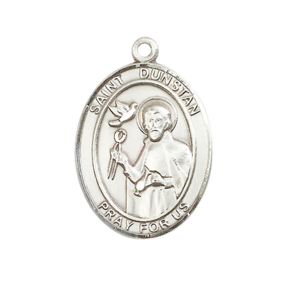Women's Pewter Saint St. Dunstan Medal Pendant on 18 Inch Rhodium Plated Lite Curb Brass Chain with Lobster Claw Clasp, Catholic Religious Necklace - Made in USA- Deluxe Velvet Gift Box