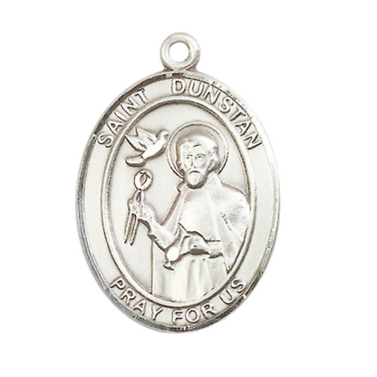 1 x 3/4" Oval Pewter Saint St. Dunstan Medal Pendant on 24 inch Rhodium Plated Heavy Curb Brass Chain with Lobster Claw clasp, Catholic Religious Necklace - Made in USA- Deluxe Velvet Gift Box
