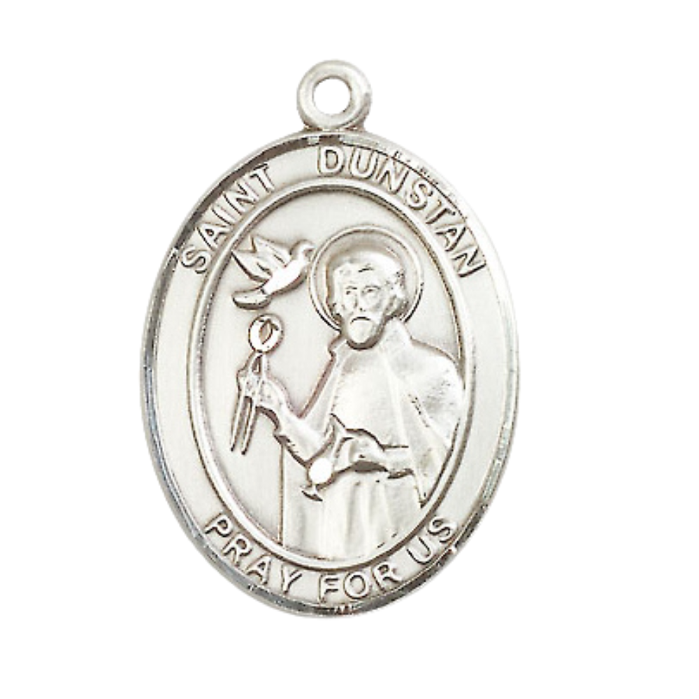 Oval .925 Sterling Silver Saint St. Dunstan Medal Pendant on 24 Inch Rhodium Plated Heavy Curb Brass Chain with Lobster Claw clasp, Catholic Religious Necklace - Made in USA- Deluxe Velvet Gift Box