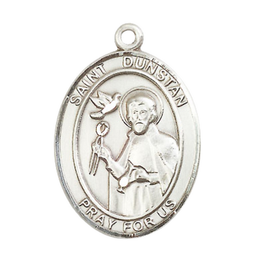 Oval .925 Sterling Silver Saint St. Dunstan Medal Pendant on 24 Inch Rhodium Plated Heavy Curb Brass Chain with Lobster Claw clasp, Catholic Religious Necklace - Made in USA- Deluxe Velvet Gift Box