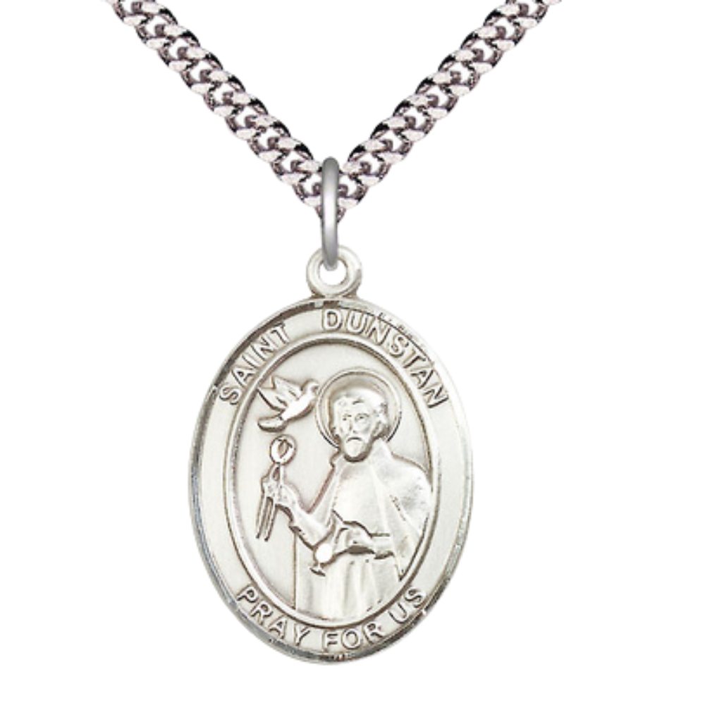 Saint St. Dunstan Medal Necklace– Men's .925 Sterling Silver Pendant with 24- Inch Light Rhodium Plated Heavy Curb Chain – Patron Saint St. of Blacksmiths & Jewelers, Catholic Medal – Velvet Gift Box Included