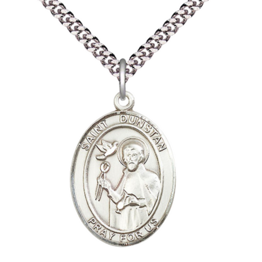 1 x 3/4" Oval Pewter Saint St. Dunstan Medal Pendant on 24 inch Rhodium Plated Heavy Curb Brass Chain with Lobster Claw clasp, Catholic Religious Necklace - Made in USA- Deluxe Velvet Gift Box