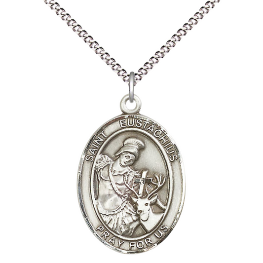 Women's Pewter Saint St. Eustachius Medal Pendant on 18 Inch Rhodium Plated Lite Curb Brass Chain with Lobster Claw Clasp, Catholic Religious Necklace - Made in USA- Deluxe Velvet Gift Box