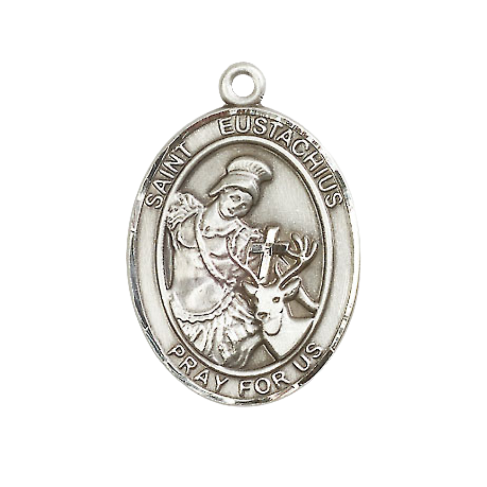 Women's .925 Sterling Silver Saint St. Eustachius Medal Pendant on 18 Inch Rhodium Plated Lite Curb Brass Chain with Lobster Claw Clasp, Catholic Religious Necklace - Made in USA- Deluxe Velvet Gift Box