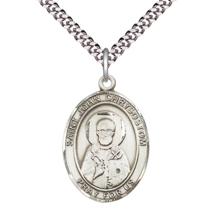 Saint St. John Chrysostom Medal Necklace– Men's Pewter Pendant with 24 - Inch Light Rhodium Plated Chain – Patron Saint St. of Epilepsy & Orators, Catholic Medal – Velvet Gift Box Included