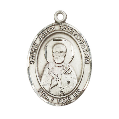 Oval Pewter Saint St. John Chrysostom Medal Pendant on 24 inch Rhodium Plated Heavy Curb Brass Chain with Lobster Claw clasp, Catholic Religious Necklace - Made in USA - Deluxe Velvet Gift Box