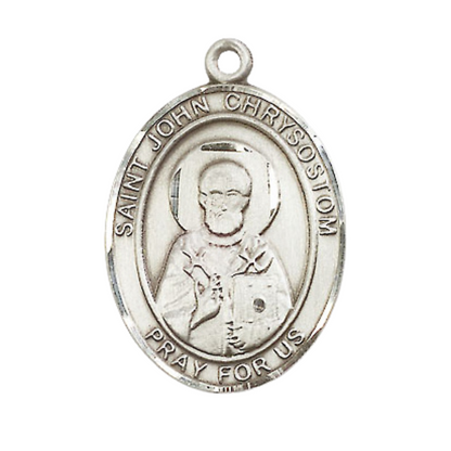 Women's .925 Sterling Silver Saint St. John Chrysostom Medal Pendant on 18 Inch Rhodium Plated Lite Curb Brass Chain w/ Lobster Claw Clasp, Catholic Religious Necklace - Made in USA- Velvet Gift Box