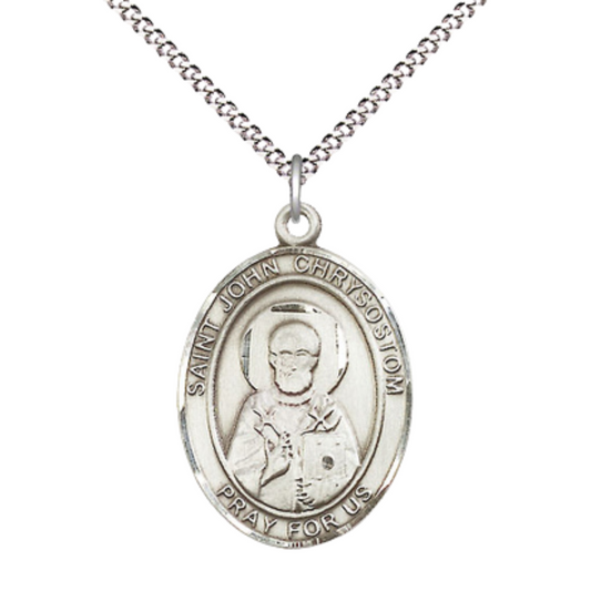 Women's Pewter Saint St. John Chrysostom Medal Pendant on 18 Inch Rhodium Plated Lite Curb Brass Chain with Lobster Claw Clasp, Catholic Religious Necklace - Made in USA- Deluxe Velvet Gift Box